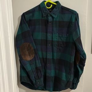 Black watch plaid J Crew flannel with suede elbow patches